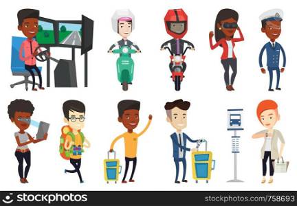 Young man in helmet riding a motorcycle. Man driving a motorbike. Happy man riding a motorcycle. African ship captain in uniform. Set of vector flat design illustrations isolated on white background.. Transportation vector set with people traveling.