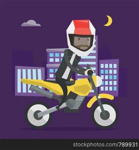 Young man in helmet riding a motorcycle on the background of night city. Man driving a motorbike on city road. Hipster man riding a motorcycle at night. Vector flat design illustration. Square layout.. Man riding motorcycle at night vector illustration