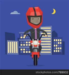 Young man in helmet riding a motorcycle on the background of night city. Man driving a motorbike on a city road. Happy man riding a motorcycle at night. Vector flat design illustration. Square layout.. Man riding motorcycle at night vector illustration