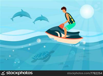 Young man in life jacket on water bike jumping over waves of sea. Guy does tricks on water scooter, rides waves. Vacation at sea, sports, pastime near ocean. Seascape with dolphins and sportsman. Man in life jacket on water bike jumping over waves of sea. Seascape with dolphins and sportsman