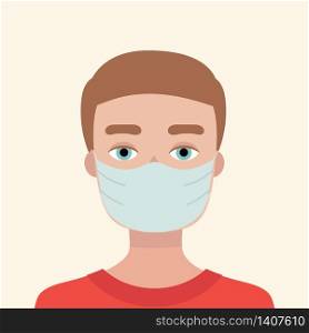 Young man in medical mask. Concept of protection against viruses, flu, coronavirus. Prevention of an epidemic. Flat vector illustration.