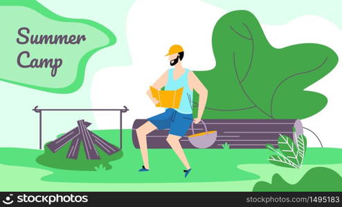 Young Man in Shorts and Cap Watching Map and Holding Bowler Sitting on Huge Log near Campfire, Prepare Food, Summer Camp in Forest, Vacation, Leisure Horizontal Banner Cartoon Flat Vector Illustration. Man Watching Map and Holding Bowler near Campfire