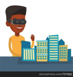 Young man in virtual reality headset getting into vr world. Man developing architectural project of the city using virtual reality glasses. Vector flat design illustration isolated on white background. Happy young man wearing virtual reality headset.