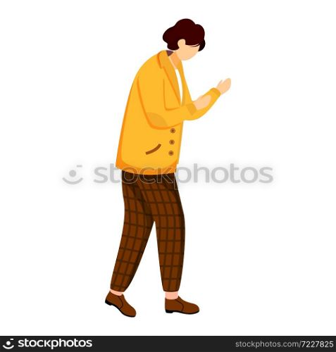 Young man in yellow jacket flat vector illustration. Standing in defensive position. Casually dressed person. University student. Boy fighting isolated cartoon character on white background. Young man in yellow jacket flat vector illustration