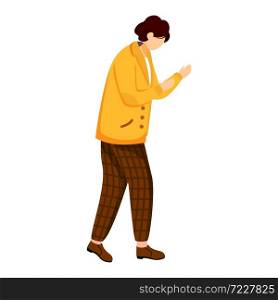 Young man in yellow jacket flat vector illustration. Standing in defensive position. Casually dressed person. University student. Boy fighting isolated cartoon character on white background. Young man in yellow jacket flat vector illustration