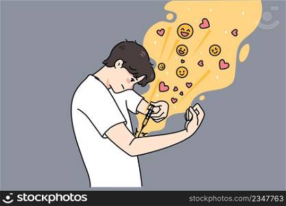 Young man inject likes and hearts with syringe. Concept of public approval and social media addiction. Acknowledgment and feedback dose. Mental problem. Flat vector illustration. . Man injects hearts and likes dependent on media