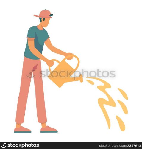 Young man irrigating garden with watering can semi flat color vector character. Posing figure. Full body person on white. Simple cartoon style illustration for web graphic design and animation. Young man irrigating garden with watering can semi flat color vector character