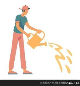 Young man irrigating garden with watering can semi flat color vector character. Posing figure. Full body person on white. Simple cartoon style illustration for web graphic design and animation. Young man irrigating garden with watering can semi flat color vector character