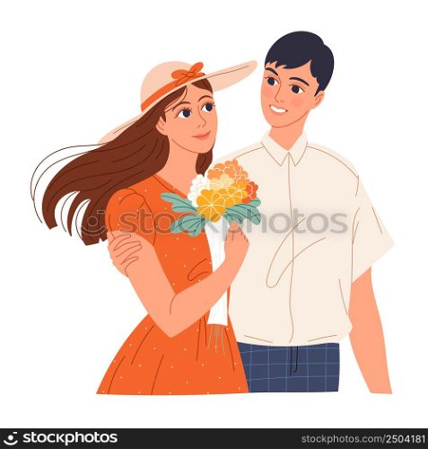 Young man is courting a girl, gave her a bouquet of flowers.. Young man is courting a girl, gave her a bouquet of flowers
