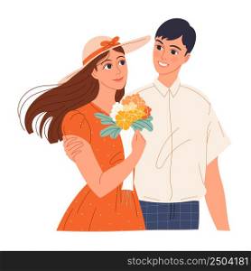 Young man is courting a girl, gave her a bouquet of flowers.. Young man is courting a girl, gave her a bouquet of flowers