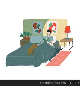 Young man is relaxing in the bed with the book. His dog is sleeping on the bed too. Daily routine, hand drawn vector illustration cute cartoon style.