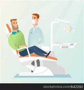 Young man is sitting in a dental chair while a dentist is standing nearby. Doctor and patient in the dental clinic. Patient at a reception at a dentist. Vector flat design illustration. Square layout. Patient and doctor in the dentist office.