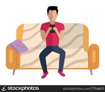 Young man is sitting on the couch. Handsome guy is chatting with a smartphone in his hands. Male character is resting and spending time at home. Person working with a phone vector illustration. Young man is sitting on the couch. Handsome guy is chatting with a smartphone in his hands