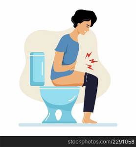 Young man is sitting on toilet. Problems with constipation and digestion.