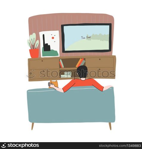 Young man is watching TV with his dog on the sofa. Daily routine, hand drawn vector illustration cute cartoon style.