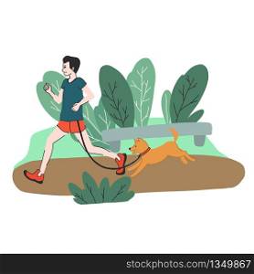 Young man jogging in the park with his dog, daily routine, cute hand drawn vector illustration