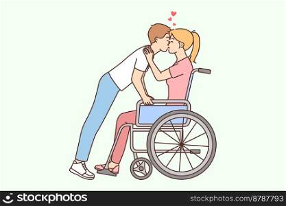 Young man kissing woman sitting in wheelchair. Guy show love and affection to disabled girl. Vector illustration. . Man kissing disabled woman in wheelchair