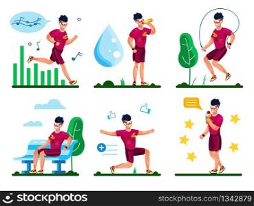 Young Man Leading Healthy Lifestyle, Listening Music While Jogging, Jumping Rope, Stretching and Squatting Outdoors, Drinking Water, Eating Ice-Cream After Training Trendy Flat Vector Illustrations