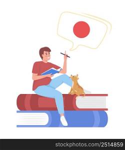 Young man learning japanese by himself semi flat color vector character. Sitting figure. Full body person on white. Simple cartoon style illustration for web graphic design and animation. Young man learning japanese by himself semi flat color vector character