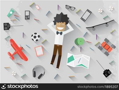Young man lie on the floor and dream Vector flat illustration