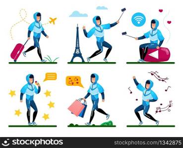 Young Man Life Entertainments and Activities Trendy Flat Vector Concepts Set. Guy Traveling with Airlines, Making Selfie in Foreign Country, Recording Mobile Videos, Enjoying Shopping Illustration