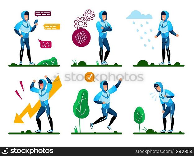 Young Man Lifestyle, Daily Routine Trendy Flat Vector Concepts Set. Man in Sportswear, Chatting in Online, Pondering Decision, Happy with Achievement, Tired and Stressed Because Problems Illustrations