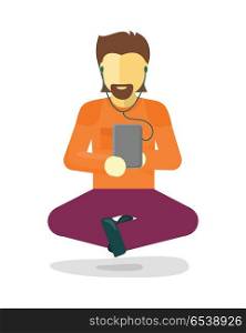 Young Man Listening Music with Smartphone. Young man in lotus pose listening music with smartphone. Man meditating in lotus pose. Zen man in yoga pose. Private man icon. Music meditates. Isolated object in flat design on white background.