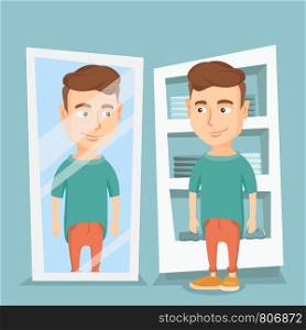 Young man looking at himself in the mirror in the dressing room. Man trying on t-shirt in the dressing room. Man choosing clothes in the dressing room. Vector flat design illustration. Square layout.. Man trying on t-shirt in a dressing room.