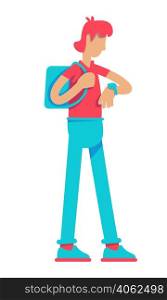 Young man looking at wrist watch semi flat color vector character. Standing figure. Full body person on white. Simple cartoon style illustration for web graphic design and animation. Young man looking at wrist watch semi flat color vector character