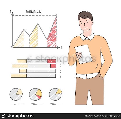 Young man looking into a paper, document with infograph and pie diagrams, employee working in a finance company or office, statistical graphics. Vector illustration in flat cartoon style. Man with Sheet of Paper. Charts and Graphs Vector