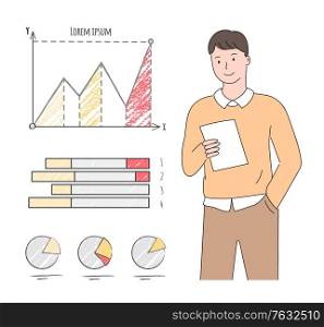 Young man looking into a paper, document with infograph and pie diagrams, employee working in a finance company or office, statistical graphics. Vector illustration in flat cartoon style. Man with Sheet of Paper. Charts and Graphs Vector