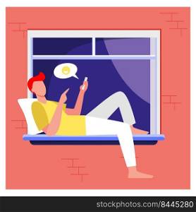 Young man lying on window and chatting via phone. Smartphone, social media, guy flat vector illustration. Communication and digital technology concept for banner, website design or landing web page