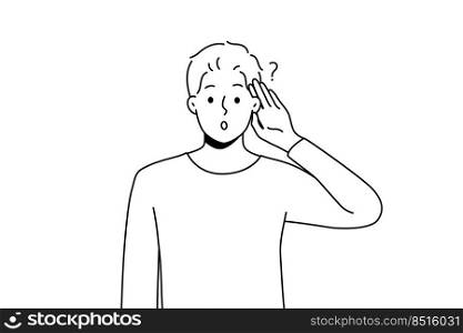 Young man make hand gesture listening to news on information. Confused male wonder about gossip or hearsay. Vector illustration. . Man make hand gesture listen to information 