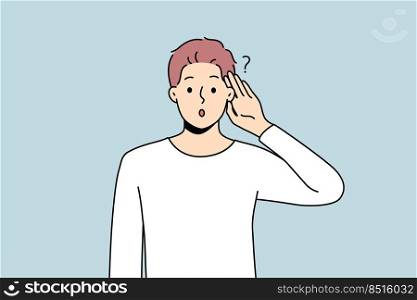 Young man make hand gesture listening to news on information. Confused male wonder about gossip or hearsay. Vector illustration.. Man make hand gesture listen to information