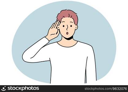Young man make hand gesture listening to news on information. Confused male wonder about gossip or hearsay. Vector illustration.. Man make hand gesture listen to information