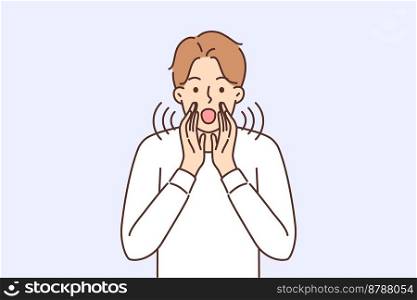 Young man make hands as loudspeaker scream loud. Male with imaginary megaphone shout making announcement of sharing news. Vector illustration. . Man with imaginary megaphone scream loud