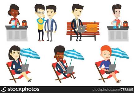 Young man making protein shake. Man preparing cocktail of bodybuilding food supplements. Sports nutrition and lifestyle concept. Set of vector flat design illustrations isolated on white background.. Vector set of sport and business characters.