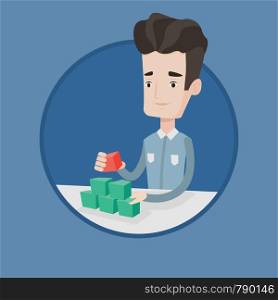 Young man making social network pyramid. Smiling caucasian man building his social network. Networking and communication concept. Vector flat design illustration in the circle isolated on background.. Man building social network pyramid.