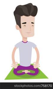 Young man meditating in yoga lotus pose. Caucasian sportsman relaxing in the yoga lotus position. Sporty man doing yoga on the mat. Vector flat design illustration isolated on white background.. Man meditating in lotus pose vector illustration.