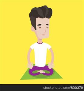 Young man meditating in yoga lotus pose. Man relaxing in the yoga lotus position. Man doing yoga. Vector flat design illustration. Square layout.. Man meditating in lotus pose vector illustration.