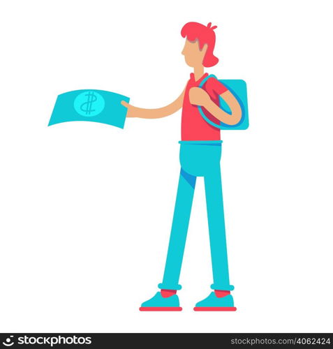 Young man offering banknote semi flat color vector character. Giving money. Standing figure. Full body person on white. Simple cartoon style illustration for web graphic design and animation. Young man offering banknote semi flat color vector character