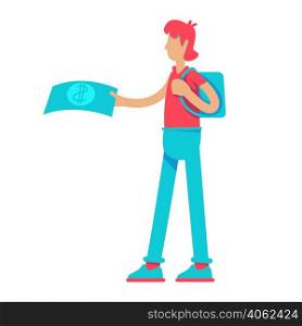 Young man offering banknote semi flat color vector character. Giving money. Standing figure. Full body person on white. Simple cartoon style illustration for web graphic design and animation. Young man offering banknote semi flat color vector character