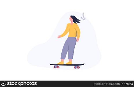 Young man on a skateboard. Modern color design in yellow and purple tones. Illustration of extreme, fast speed, freedom, sport, happy relaxation, leisure in the art style of flat. Vector design.. Young man on a skateboard. Modern color design in yellow and purple tones