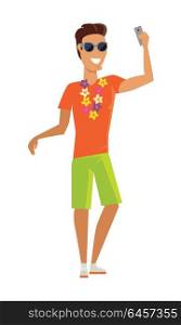 Young Man on Vacation Makes a Selfie. Young man with a necklace of tropical flowers makes a selfie vector illustration. Tourists take pictures on vacation in tropical country. Flat style design concept. Isolated on white.