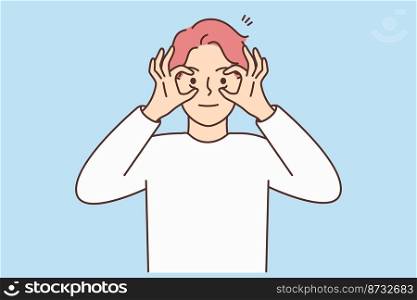 Young man open eyes with hands. Stressed male looking with eyes wide open feeling shocked or amazed. Vector illustration. . Man open eyes with hands 