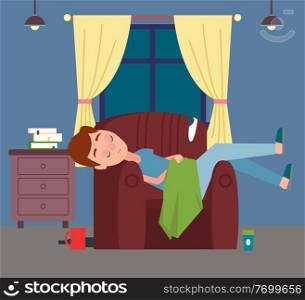 Young man or guy is sleeping in chair, covering himself with blanket. Cup, disposable coffee cup and bottle near an armchair. Books on the table, Cozy home interior. Stay home and do favourite things. Guy or man sleeping in chair, relaxing at home. Reading, drinking coffee. Stay home. Flat image
