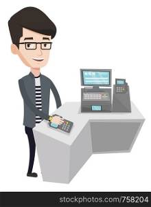 Young man paying wireless with his smart watch at the checkout counter. Caucasian customer making payment for purchase with smart watch. Vector flat design illustration isolated on white background.. Man paying wireless with smart watch.