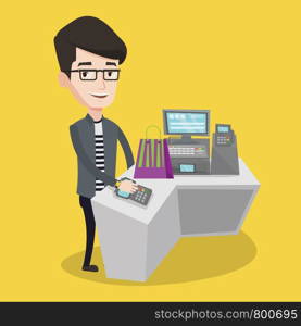 Young man paying wireless with his smart watch at the checkout counter. Male customer making payment for purchase with smart watch. Man doing shopping. Vector flat design illustration. Square layout.. Man paying wireless with smart watch.