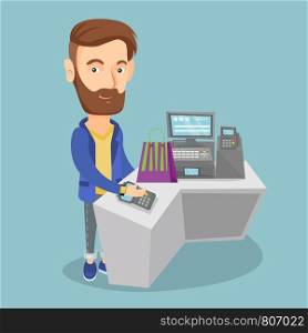 Young man paying wireless with his smart watch at the checkout counter. Customer making payment for purchases with a smart watch. Man doing shopping. Vector flat design illustration. Square layout.. Man paying wireless with smart watch.