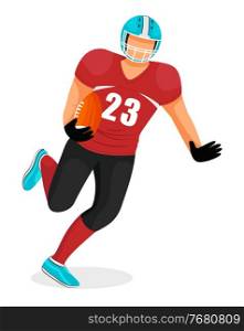 Young man playing alone in american football. Player of red team hold ball in hand. Guy dressed in uniform and helmet. Sportsman isolated on white background. Vector illustration in flat style. Sportsman Isolated, Playing American Football